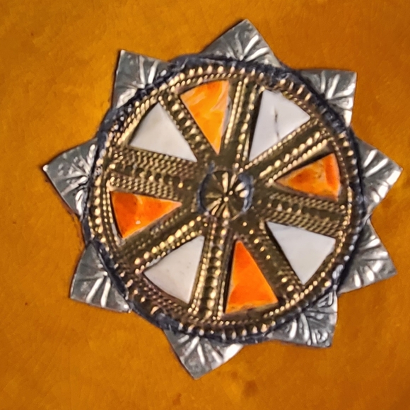 Large Bowl with Inlaid Camel Bone Metal Ceramic Bowl Morocco 13" Diameter Orange - Picture 3 of 8